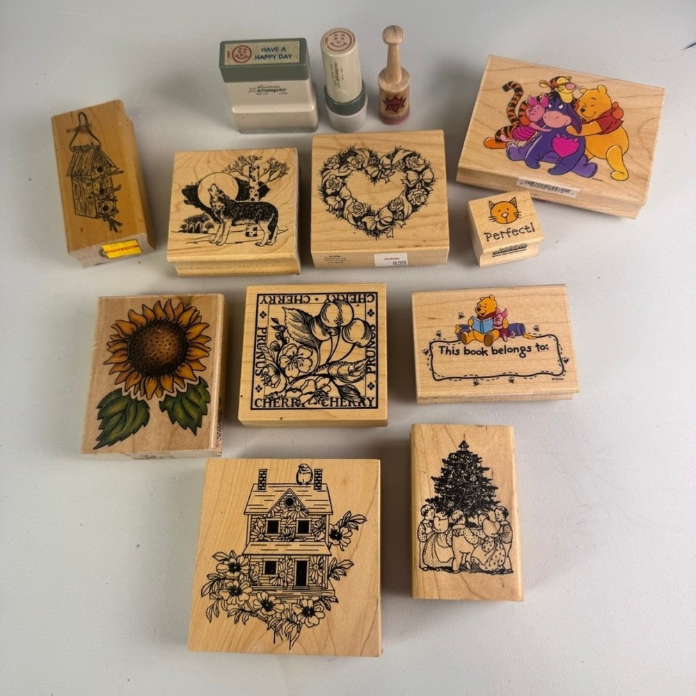Vintage Wood Mounted Rubber Stamp Lot Winnie the Pooh Hero Arts Floral Wolf 13pc